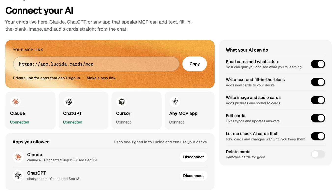 Connect your AI: your personal link, the AI apps you can add it to, and what your AI may do with your cards