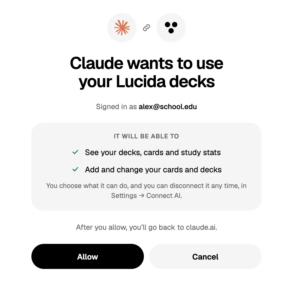 The screen where an AI app asks to use your Lucida decks, with Allow and Cancel