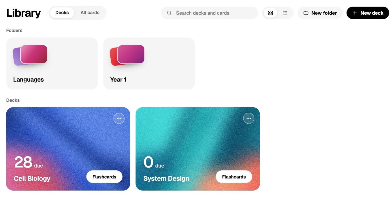 Lucida’s library: folders and decks, each with the number of cards due