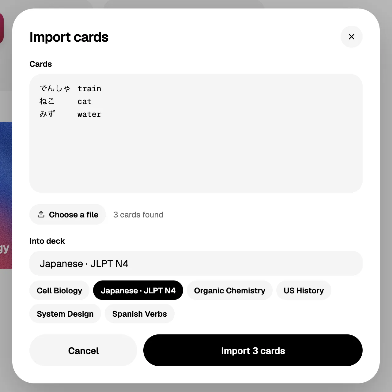 Import cards: pasted text with one card per line, the number of cards found, and the deck to put them in