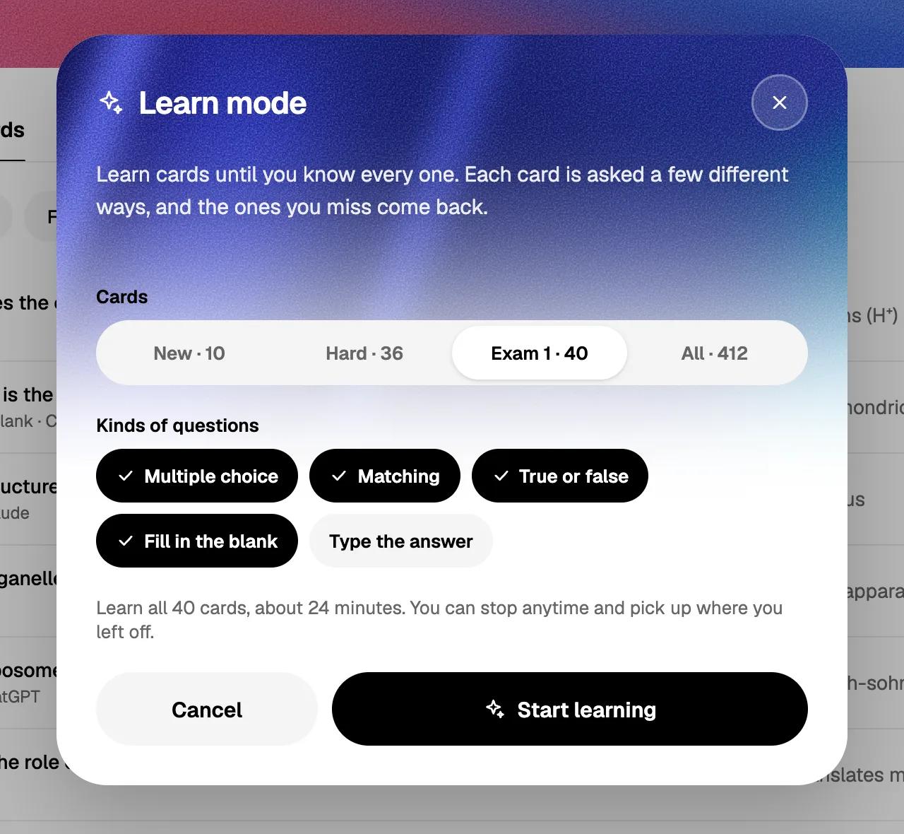 Learn mode’s start screen: which cards, and which kinds of questions (multiple choice, matching, true or false, fill in the blank, type the answer)